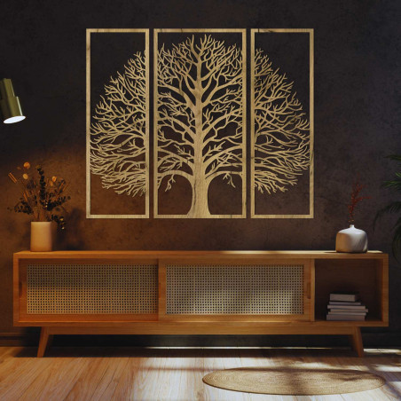 Nástěnný triptych Strom života vyřezávaný z černé HDF desky s detailním větvením.