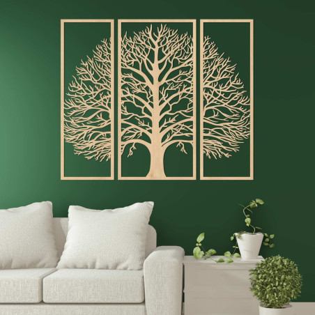 Nástěnný triptych Strom života vyřezávaný z černé HDF desky s detailním větvením.