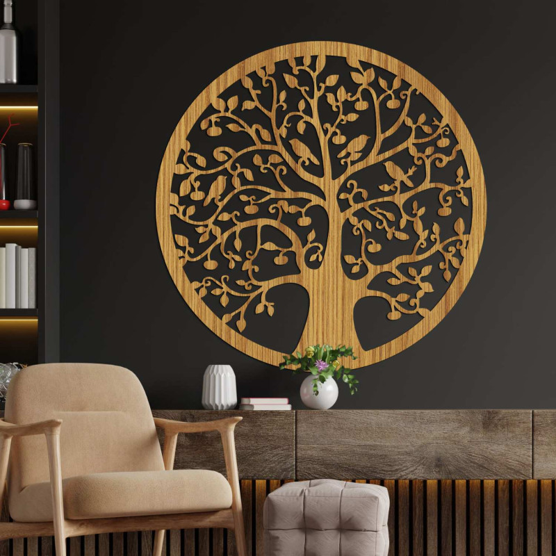3D dřevěný výřez stromu s ptáky – elegantní interiérový obraz, dub bronz.