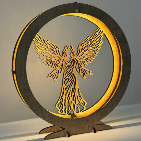 Elegantní dřevěná LED lampa anděl s teplým podsvícením