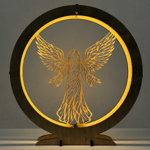 Elegantní dřevěná LED lampa anděl s teplým podsvícením