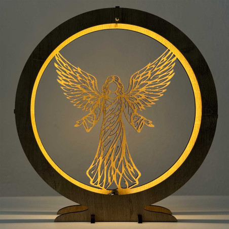 Elegantní dřevěná LED lampa anděl s teplým podsvícením