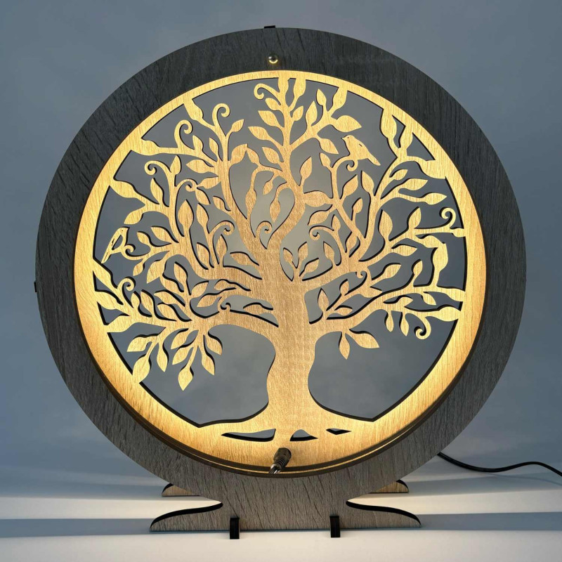 LED lampa Strom života ze dřeva s teplým podsvícením na stolek