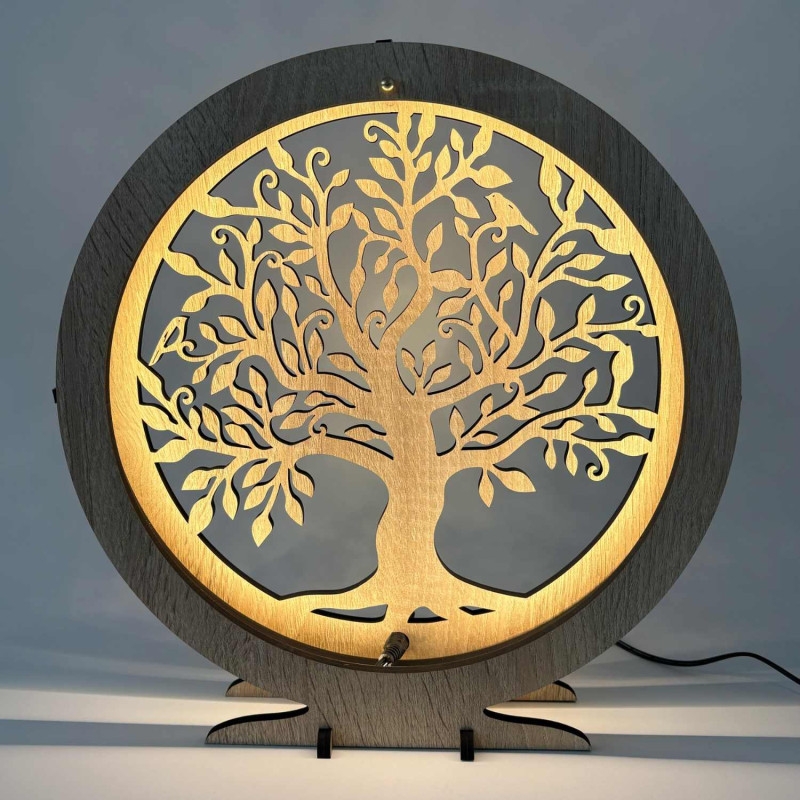 LED lampa Strom života ze dřeva s teplým podsvícením na stolek