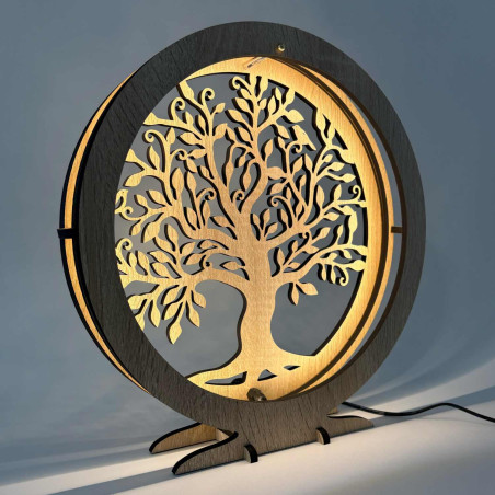 LED lampa Strom života ze dřeva s teplým podsvícením na stolek
