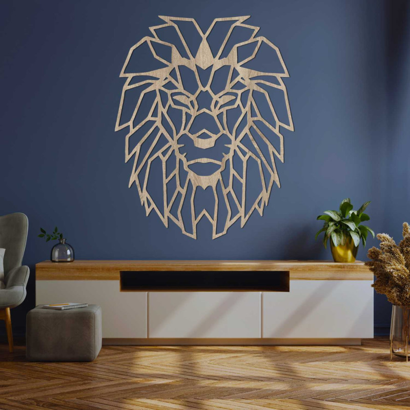 Moderní dřevěný lev na zeď s geometrickým uměleckým designem