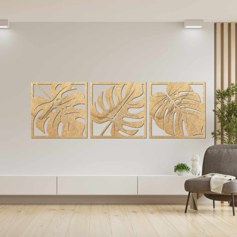 Tropické dřevěné obrazy na zeď s motivem listů Monstera