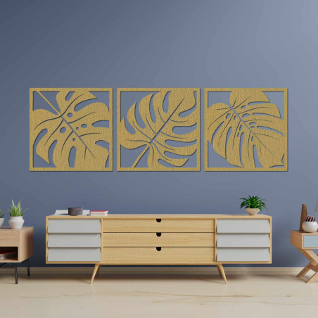 Elegantní trojdílný obraz Monstera ze dřeva do moderního interiéru