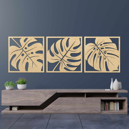 Elegantní trojdílný obraz Monstera ze dřeva do moderního interiéru