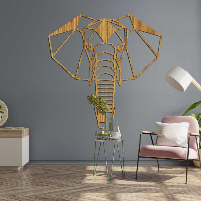 Dřevěný slon na zeď s minimalistickým geometrickým designem