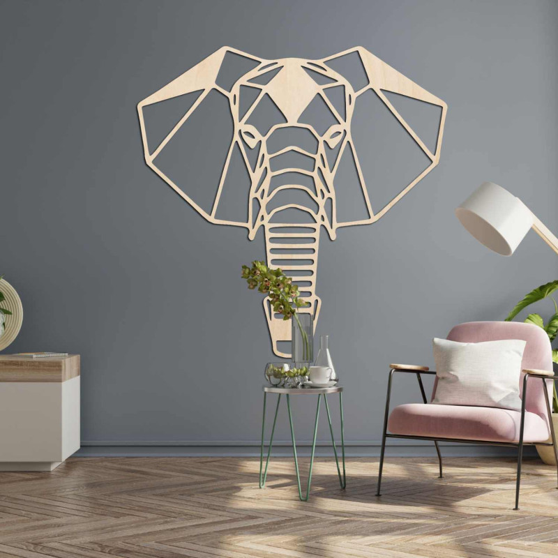 Dřevěný slon na zeď s originálním geometrickým designem a detaily