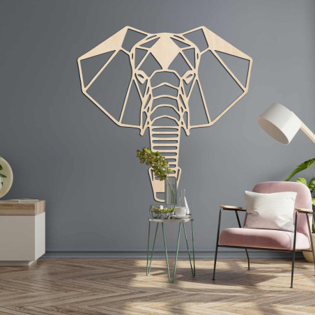 Dřevěný slon na zeď s originálním geometrickým designem a detaily