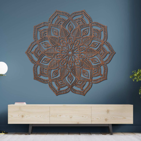 Moderní dřevěná mandala na zeď symbolizující rovnováhu, krásu a pozitivní energii
