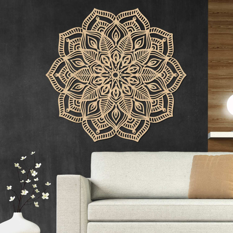 Moderní dřevěná mandala na zeď symbolizující rovnováhu, krásu a pozitivní energii