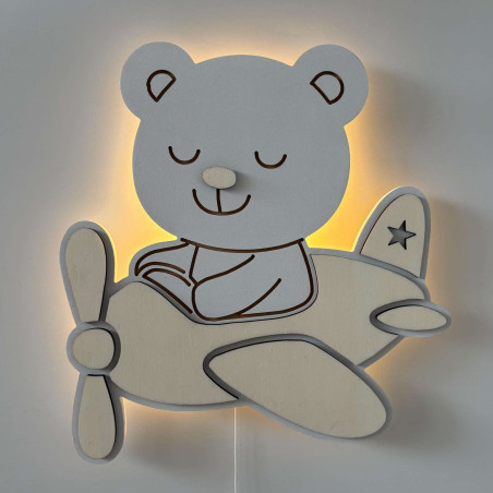 Originální dřevěná LED lampa s letadlem a medvídkem pro moderní dětský pokoj