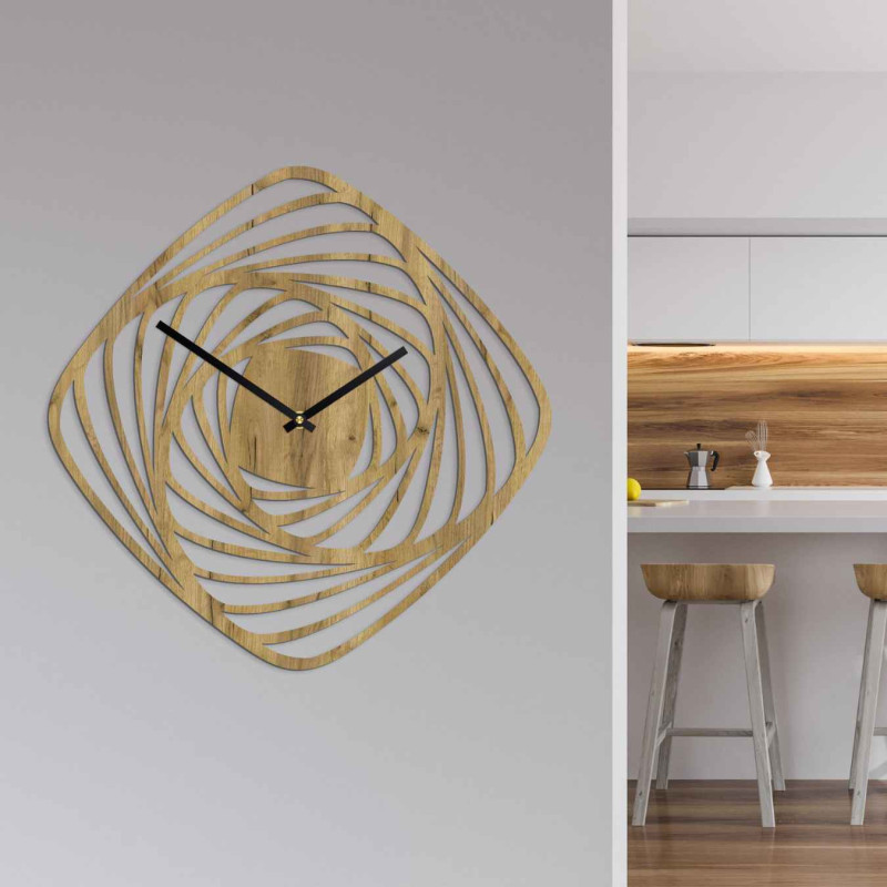 Designové nástěnné hodiny ze dřeva s abstraktním spirálovým motivem a tichým strojkem