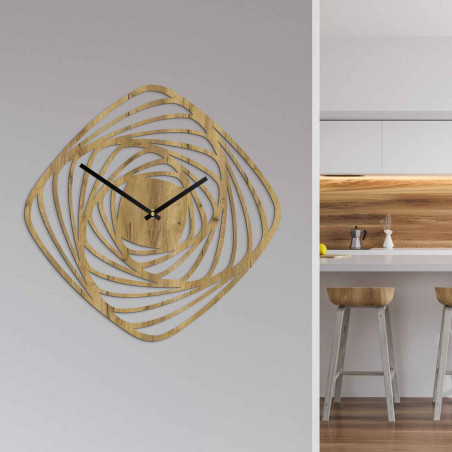 Designové nástěnné hodiny ze dřeva s abstraktním spirálovým motivem a tichým strojkem