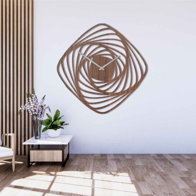 Moderní dřevěné nástěnné hodiny s geometrickým spirálovým vzorem v dekoru zlatý dub.