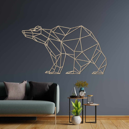 Laserem vyřezávaný dřevěný obraz medvěda v moderním geometrickém stylu.