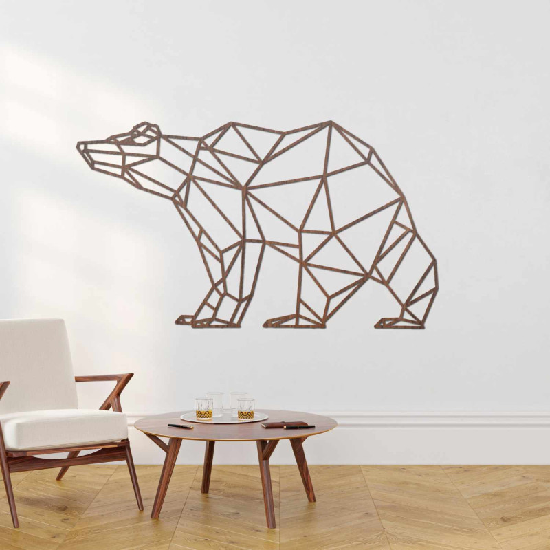 Laserem vyřezávaný dřevěný obraz medvěda v moderním geometrickém stylu.