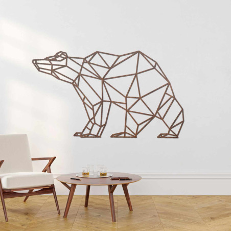 Laserem vyřezávaný dřevěný obraz medvěda v moderním geometrickém stylu.