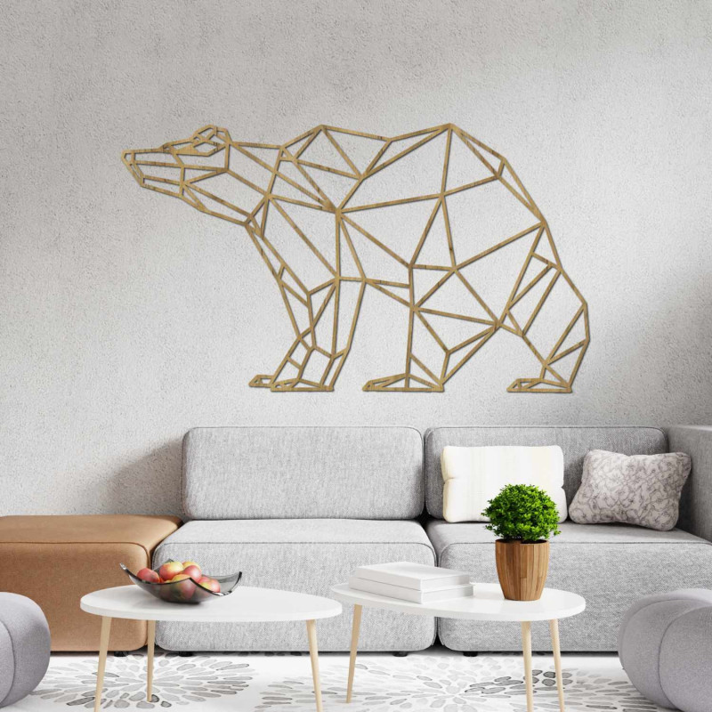 Laserem vyřezávaný dřevěný obraz medvěda v moderním geometrickém stylu.