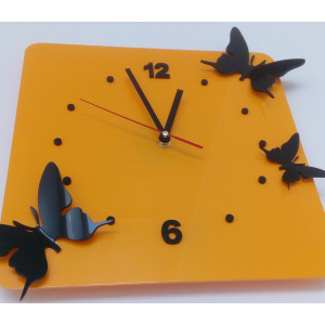 Moderní nástěnné hodiny z plastu-Motýli, Barva: žlutá, černá, Rozměr: 30x30 cm