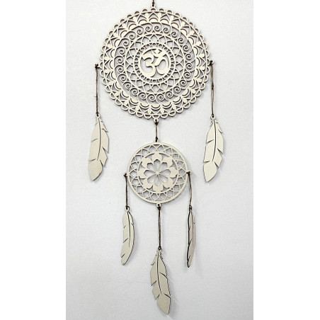 Spirituální lapač snů OM, dřevěná dekorace na zeď, peříčka z topolové překližky, boho styl.